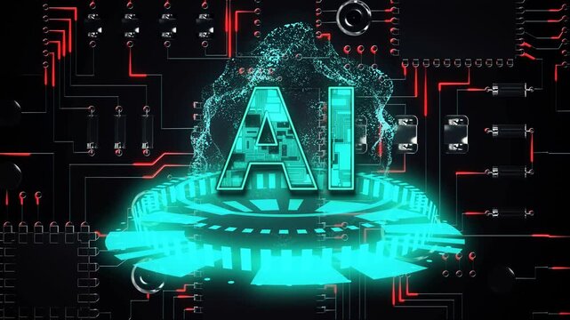 AI glyphs and ring brightening and expanding, particles rising over PCB, forming 3D tech logo