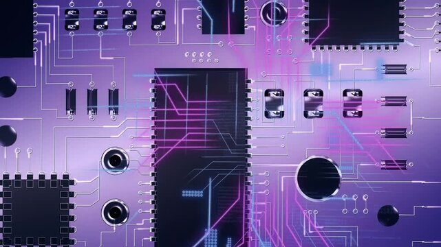 PCB getting signal, neon traces glowing, data pixels moving, central chip scanning, showing routing