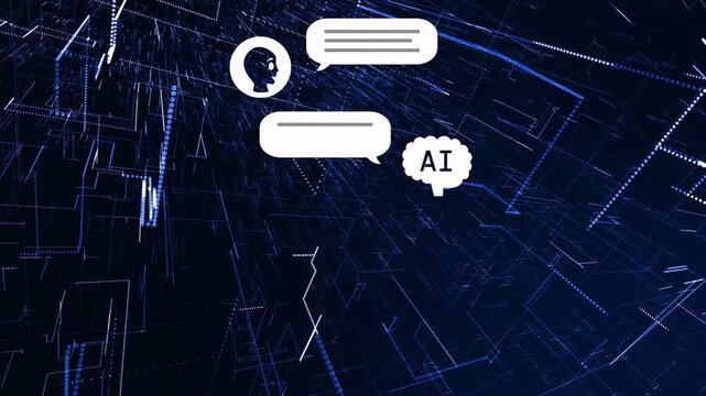 Fading, user-head icons and chat bubbles stacking into column over navy grid, showing AI chat flow