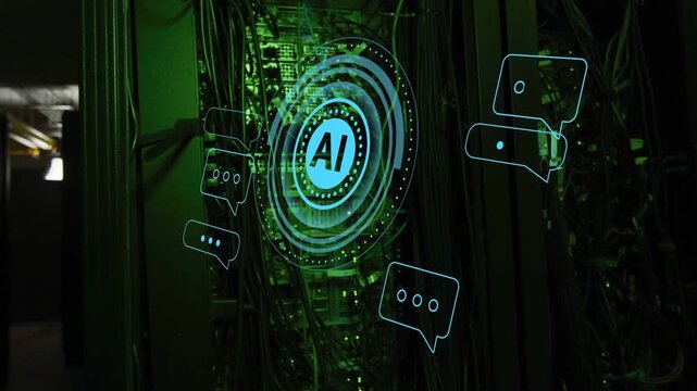AI emblem appearing, server rack pulsing, rings rotating and bubbles orbiting to show activation