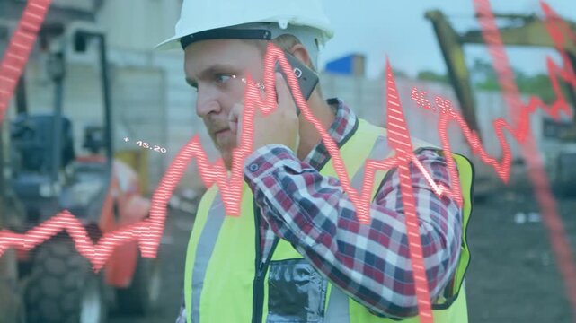 Construction worker answering phone alert, checking site data while red waveform showing data