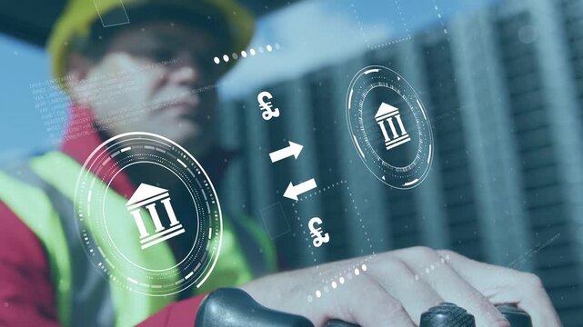 Operator using joystick on site, activating AR banks tracking money flow while camera pulling back