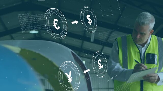 Camera AR overlay leading inspector inspecting nose noting aviation costs while currency floating