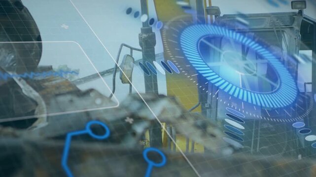 Diagnostic system initiating scan, excavator cabin receiving rotating HUD in construction yard