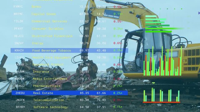 Translucent financial data shifting, excavator lowering grapple to lift scrap for finance analysis