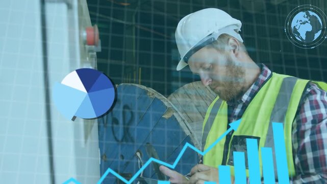 Technician turning knob in plant, HUD analysing charts, using tablet, reviewing drop, logging data