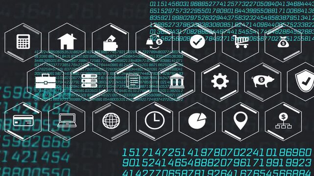 Hex grid forming as teal code streams sweeping, highlighting finance icons, visualizing security
