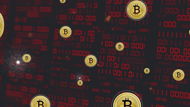 Gold Bitcoin coins entering and drifting as left spark appearing, forming parallax and showing data