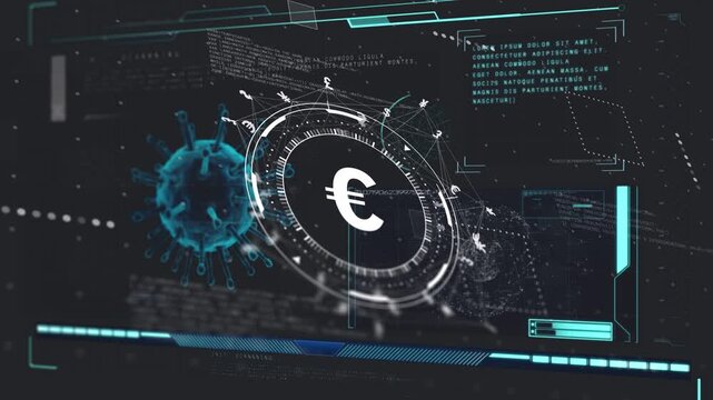 On data ping round HUD rotating &euro; pulsing bio sphere growing tiles sliding showing finance