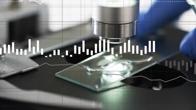 Lab tech hand pushing slide under scope aligning droplet while data overlays emerging for analysis