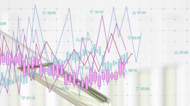 New data arriving causing glass test tube sliding, magenta bars and lines spiking, showing lab data