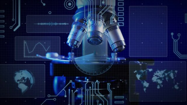 Research microscope rotating and lowering lenses after globe icon glow revealing live data overlays