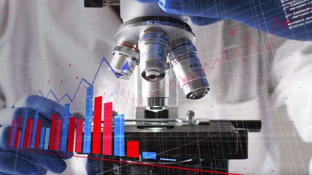 Tech placing slide in lab, rotating turret and focusing for data and starting bar charts growth