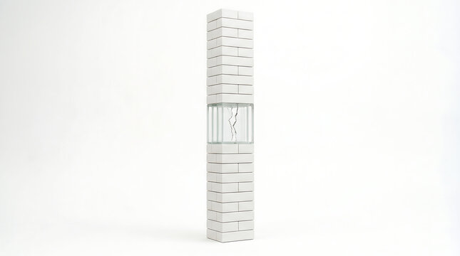 Tall white brick pillar with central glass display case containing cracked internal stone structure isolated on white background for architectural art concept.