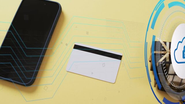 Cloud padlock appearing triggers phone and card sending data lines to HUD cart securing gifts