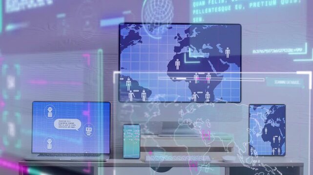 Central monitor loading blue map, icons multiplying and spreading across screens, visualizing users
