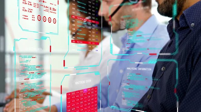 Hands typing, headsets, support agents typing and speaking while HUD overlay marking data, panning