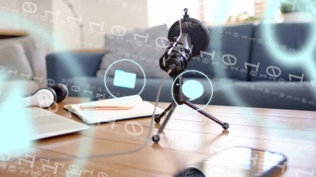 Overlay activation sending cyan icons drifting toward black desk mic on tripod, showing audio flow