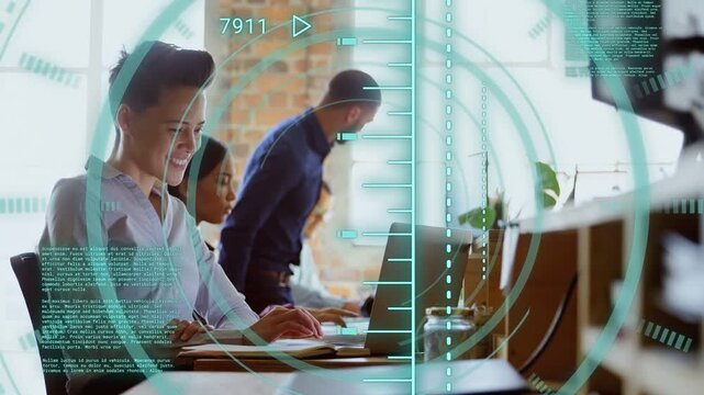 Woman typing, checking notes in tech while standing man walking, viewing screen, HUD rotating