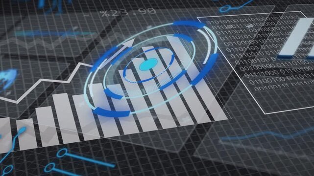 On data feed arrival central HUD spinning, aligning rings with rising bars to show live analytics
