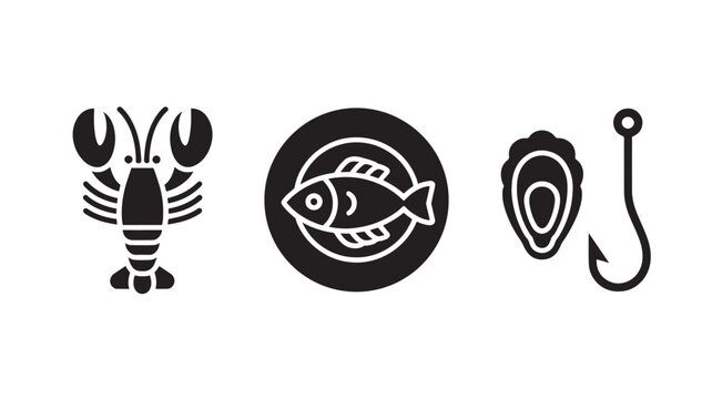 Seafood Icons Set Lobster Fish Oyster Fishing Hook Restaurant Menu Minimal Black Vector Design