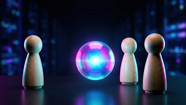 Wooden peg figures observing a glowing digital projection sphere, conceptualizing high-fidelity AI image generation and digital art.