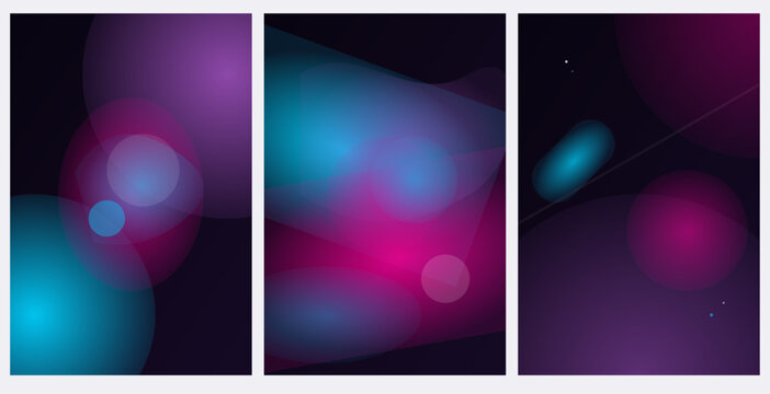 Abstract poster template vector set with dark neon glow lens flare and blur aura fluid shapes for futuristic cover