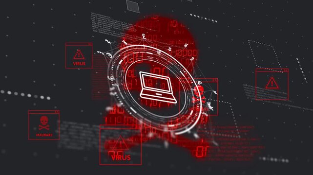 Threat detection activating HUD with laptop icon, rings rotating, pulsing, warning boxes growing