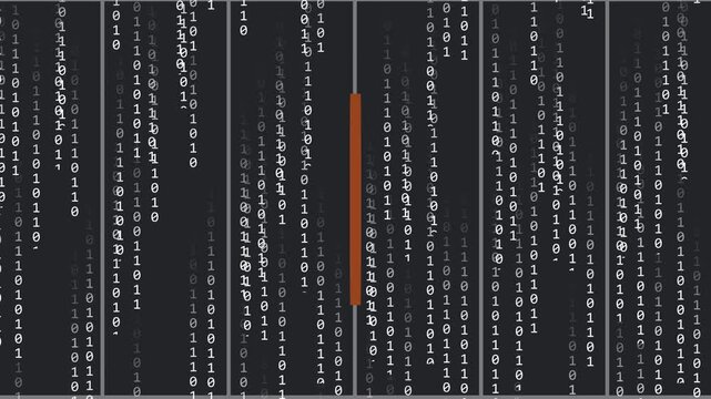 Falling binary digits starting at top causing centered gold Bitcoin coin shading, showing data flow