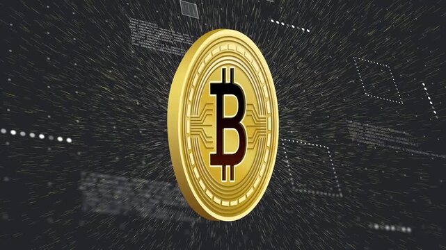 Thin gold bar starting Bitcoin coin emerging, ring forming, coin zooming, rotating for reveal