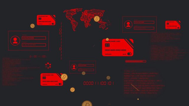 Top coins appearing, bitcoin coins cascading while red cards pulsing, visualizing world flows