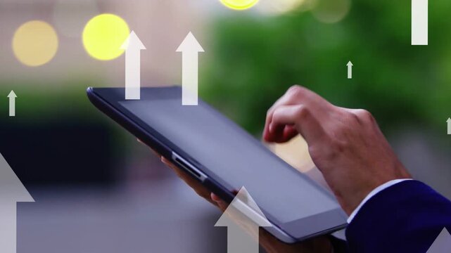 Woman holding tablet, right hand tapping screen causing arrows appearing, visualizing business data