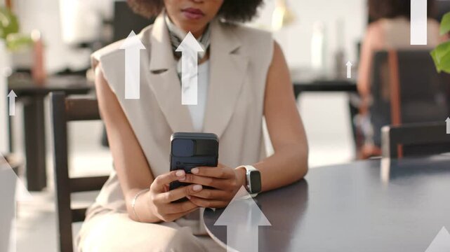 Woman tapping phone and swiping, causing upward arrow overlays showing business growth metrics