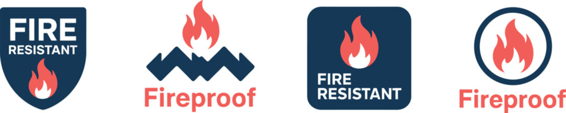 Fire resistant vector symbols, set of protection icons against fire flames for safety labels equipment and hazard prevention design