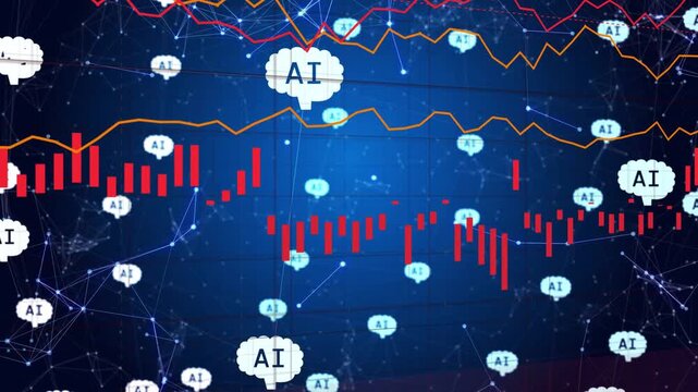 Analytics chart moving left as red dot trail causing red bars, AI bubbles drifting showing trends