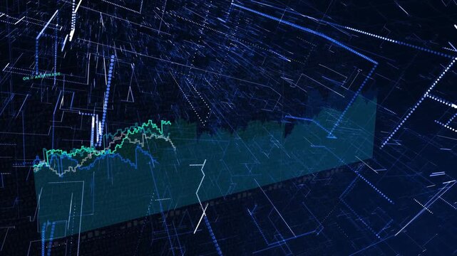 Teal 3D area chart responding to particle surge, receiving converging lines, plotting market trends