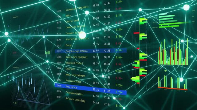 Central table appearing blue bar moving rows, nodes pulsing, charts updating tracking sector trends