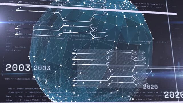 Sliding timeline right causing teal globe rotating showing years and pulsing nodes to show trends