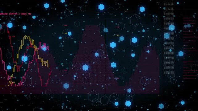 Data stream arriving, updating UI for ops with drifting blue hex and climbing magenta or yellow trac