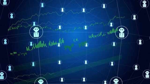 Camera tilting, central circled node glowing while green charts drawing, indicating network trends