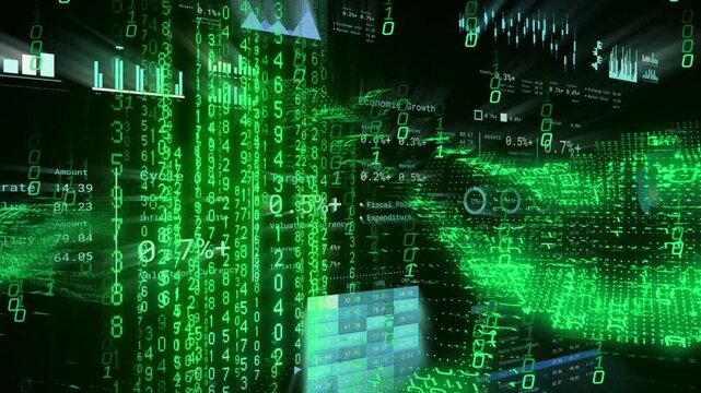 3D HUD data forming as right particle wave initiating cascading green digits, updating metrics