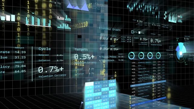 Camera sweeping forward, panels updating rates, binary stream, tiles forming, visualizing trends