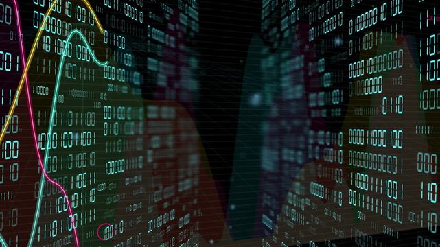 Viewpoint moving forward revealing binary walls and neon graphs rising from left, layering HUD view