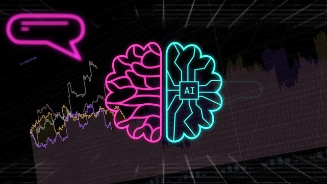 Central neon line drawing downward, forming split brain with AI chip, highlighting data and chat