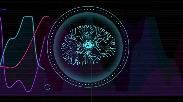 Central AI emblem processing incoming neon graph traces, cursors moving and sending radial links