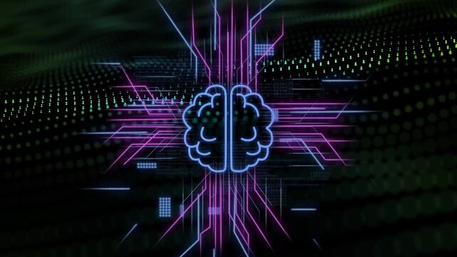 Magenta trace appearing, neon brain pulsing, circuitry expanding, code layering, showing data flow