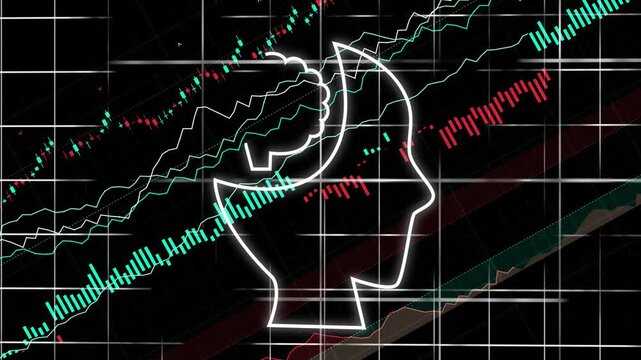 Glowing stroke initiating head forming, filling with binary as charts slide, visualizing AI data