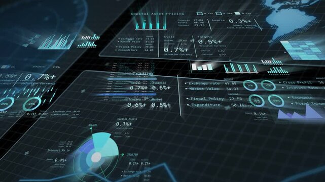 Holographic dashboard revealing after camera tilt panels sliding charts updating for live analytics