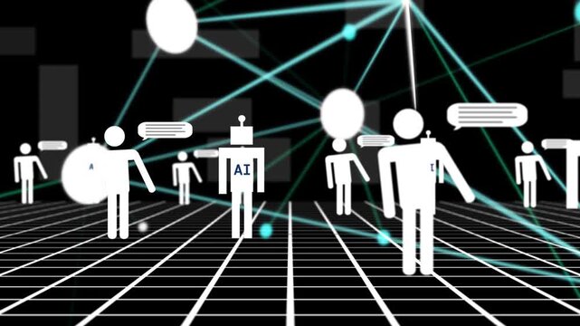 Top nodes sending cyan lines forming network, users and AI bots chatting, showing teamwork on grid