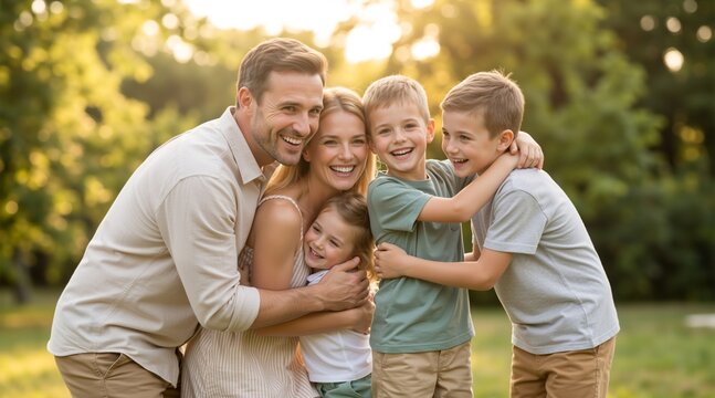 Family of five sharing a group hug in a sunny park. Happy parents embracing their two sons and daughter outdoors. Loving family bonding concept